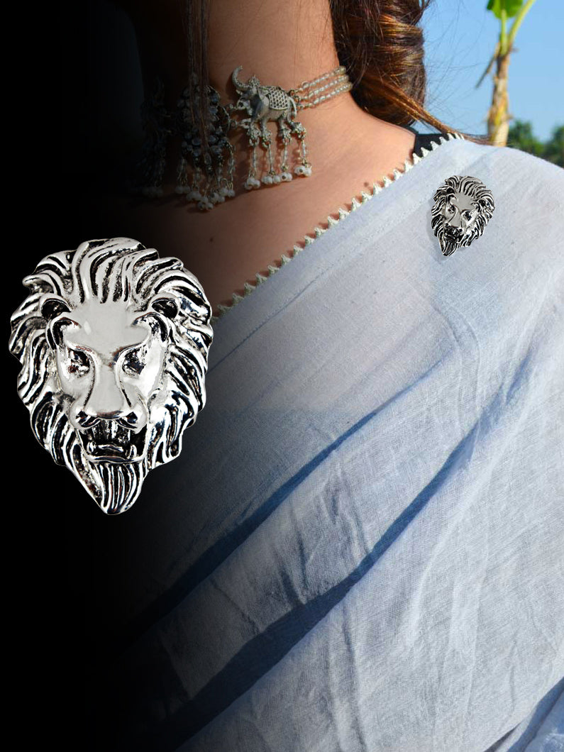 LUCKY JEWELLERY Designer Antique Silver Oxidised Plating Lion Jaguar Face Shaped Brooch/Lapel Pin for Men & Women (100-CHOO-1175-S)