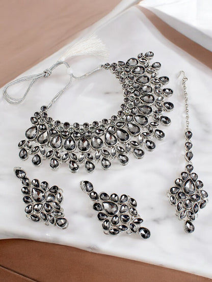 Platinum Plated Silver Polish Stone Mini Bridal Choker Set for Women & Girls