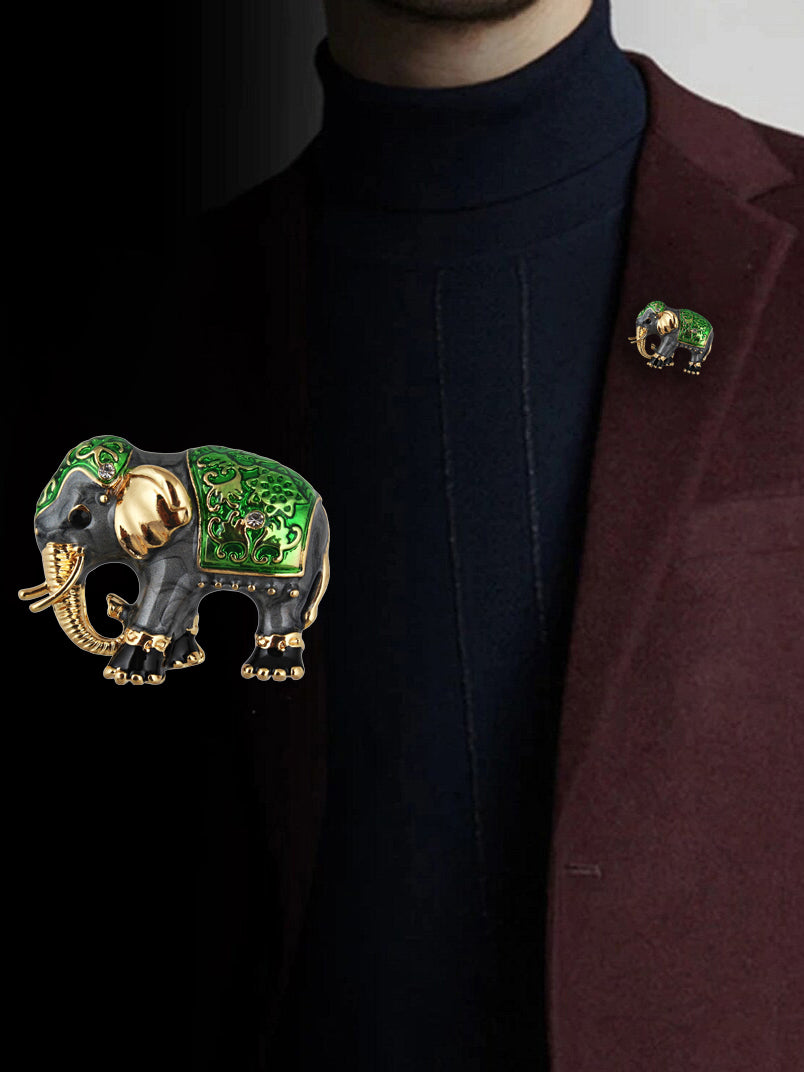 LUCKY JEWELLERY Designer Gold Plating Elephant Green Meenakari Enamel Brooch Saree Pin For Men & Women (150-CHOM1-1179)