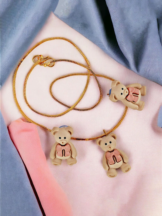 Trendy Teddy Bear Pendant Chain With Earrings