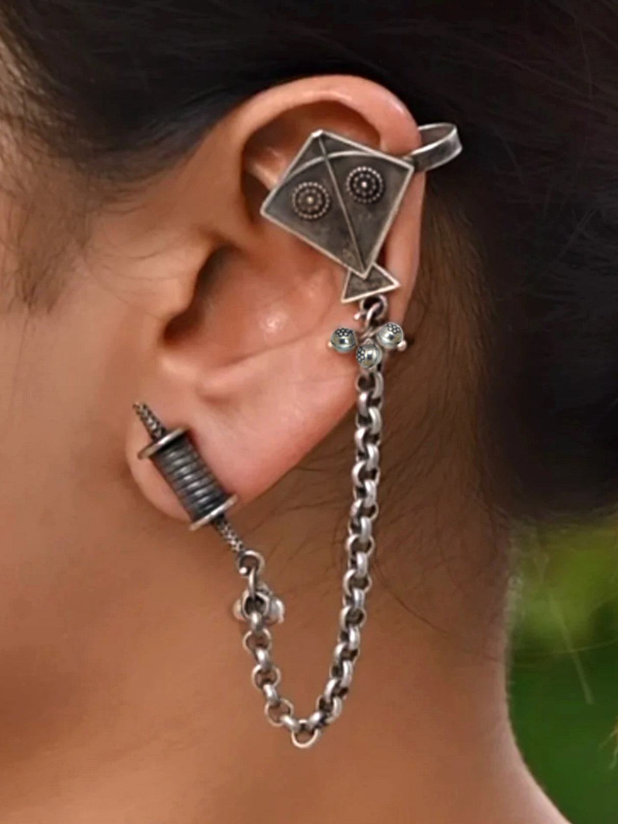 Oxidised Silver Plated Kite and Charki Earrcuff Bugadi Earrings