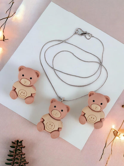 Trendy Teddy Bear Pendant Chain With Earrings