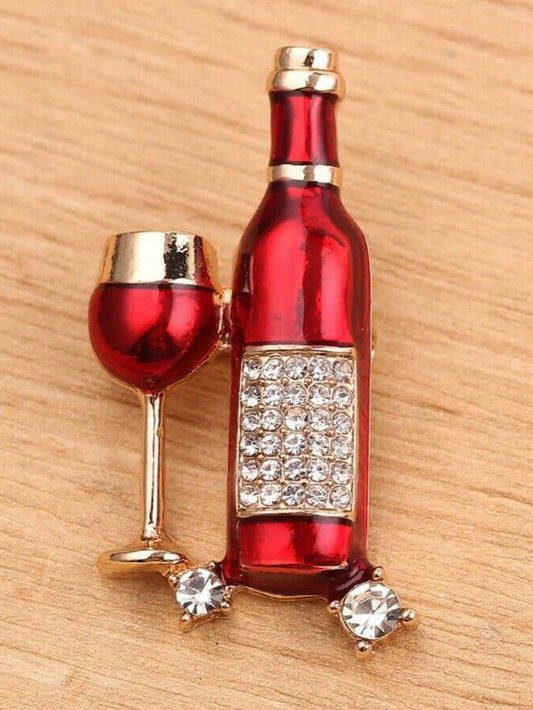 LUCKY JEWELLERY Designer Gold Plating Sparkling Stone Red Color Meenakari Cocktail Party, Wine/Champagne Bottle With Glass Unisex Brooch Pin For Men/Women/Girls (150-CHOM1-1183)