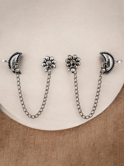 Oxidised Silver Floral Half Moon Earrcuff Bugadi Earrings