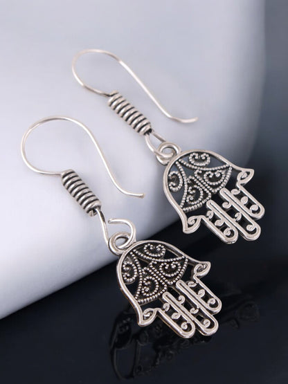 Oxidised Silver Hamsa Hand Evil Eye Design Earring