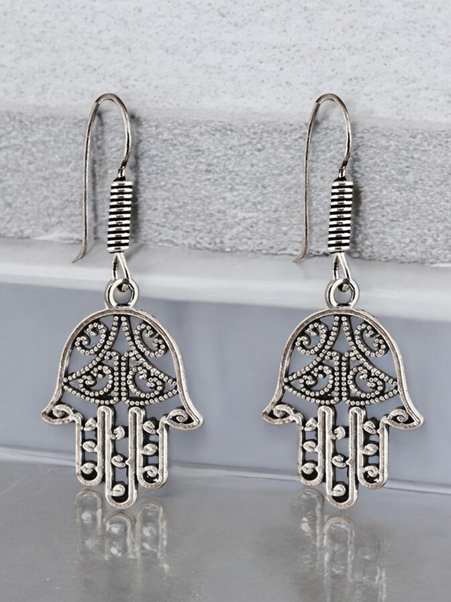 Oxidised Silver Hamsa Hand Evil Eye Design Earring