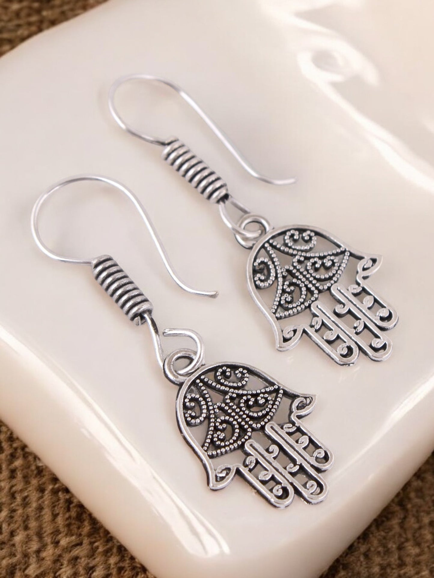 Oxidised Silver Hamsa Hand Evil Eye Design Earring