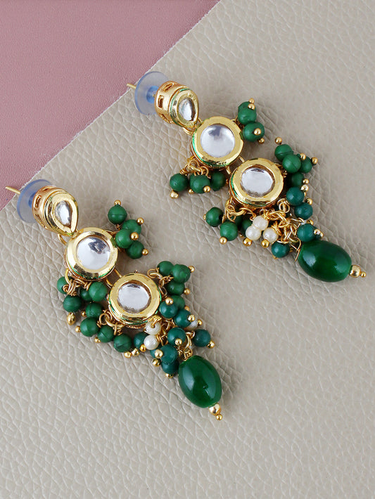 Traditional Back Meenkari Gold Plated uncut kundan Green Earrings