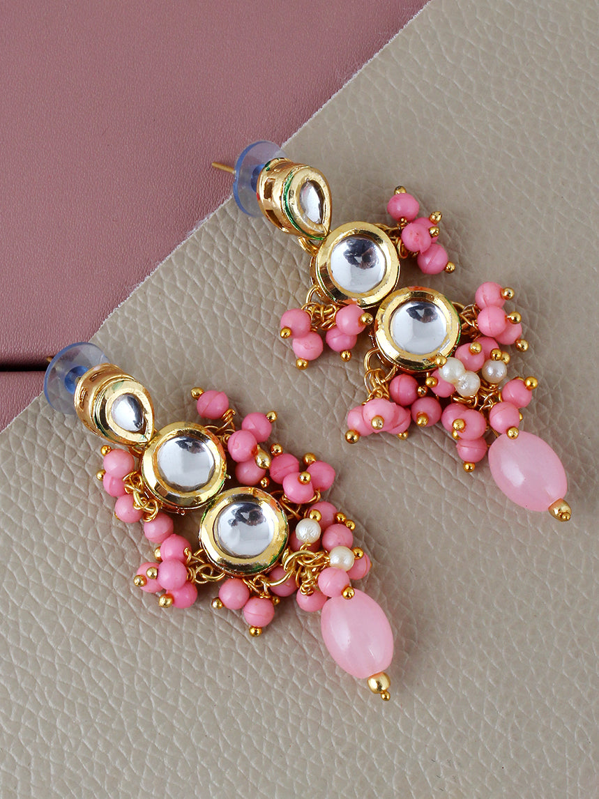 Traditional Back Meenkari Gold Plated uncut kundan Pink Earrings