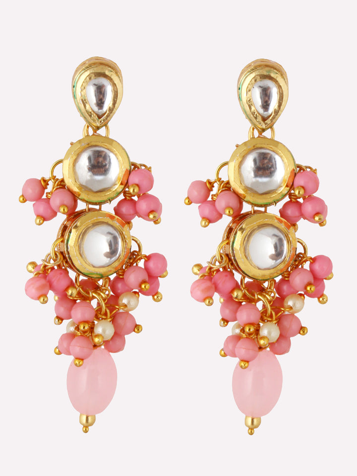 Traditional Back Meenkari Gold Plated uncut kundan Pink Earrings