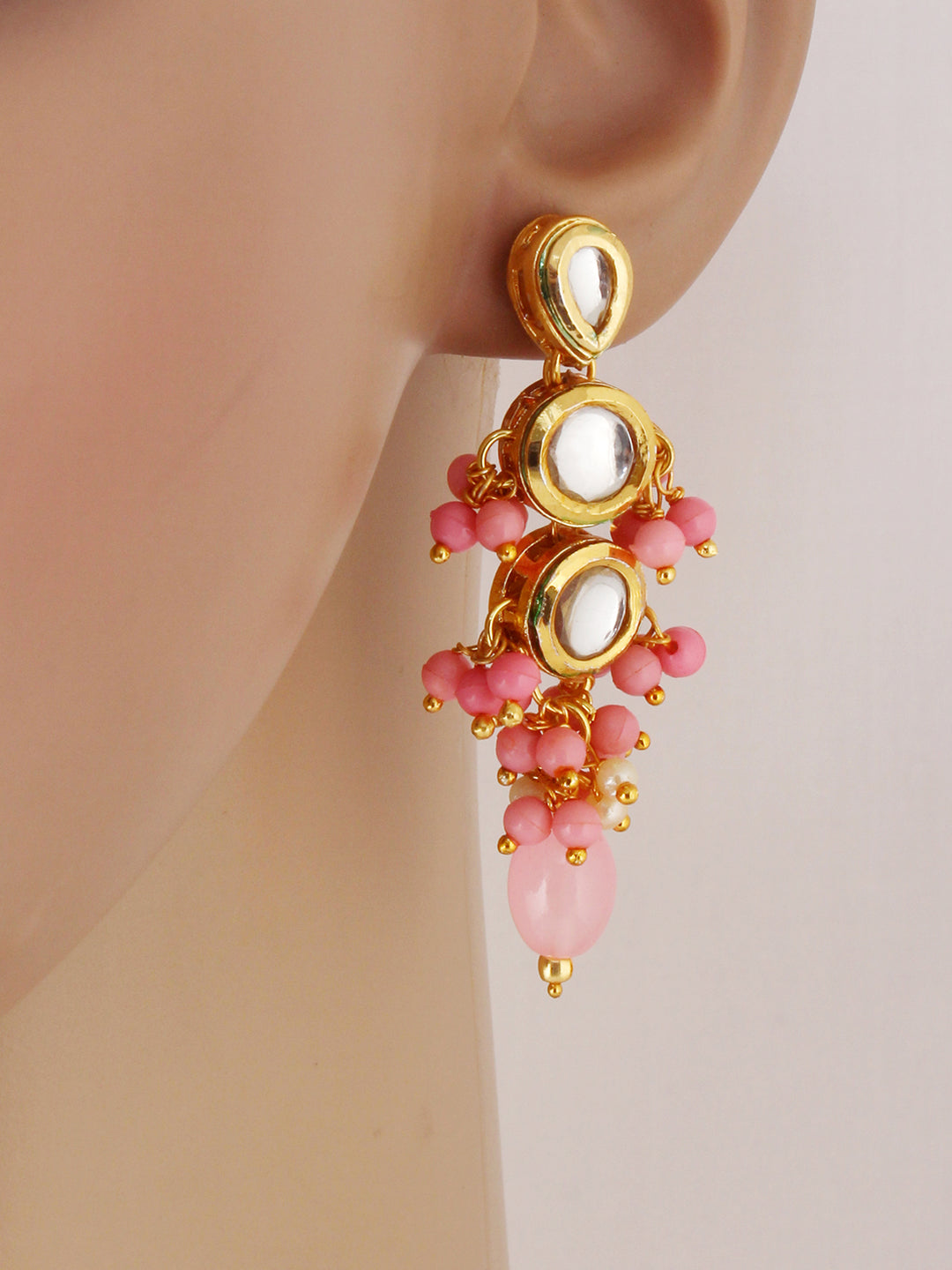 Traditional Back Meenkari Gold Plated uncut kundan Pink Earrings