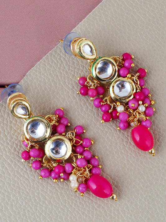 Traditional Back Meenkari Gold Plated uncut kundan Magenta Earrings