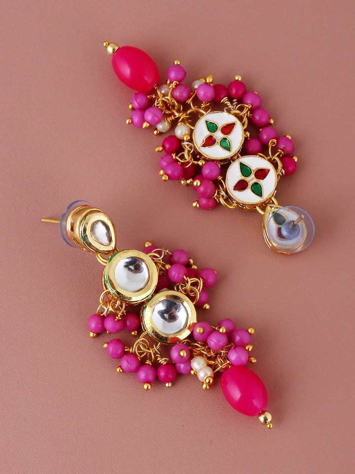 Traditional Back Meenkari Gold Plated uncut kundan Magenta Earrings