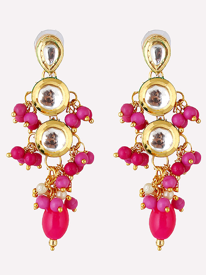 Traditional Back Meenkari Gold Plated uncut kundan Magenta Earrings