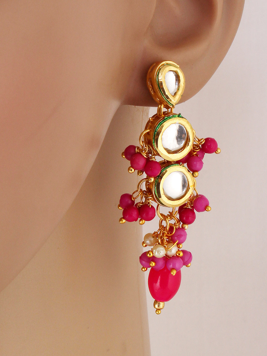 Traditional Back Meenkari Gold Plated uncut kundan Magenta Earrings