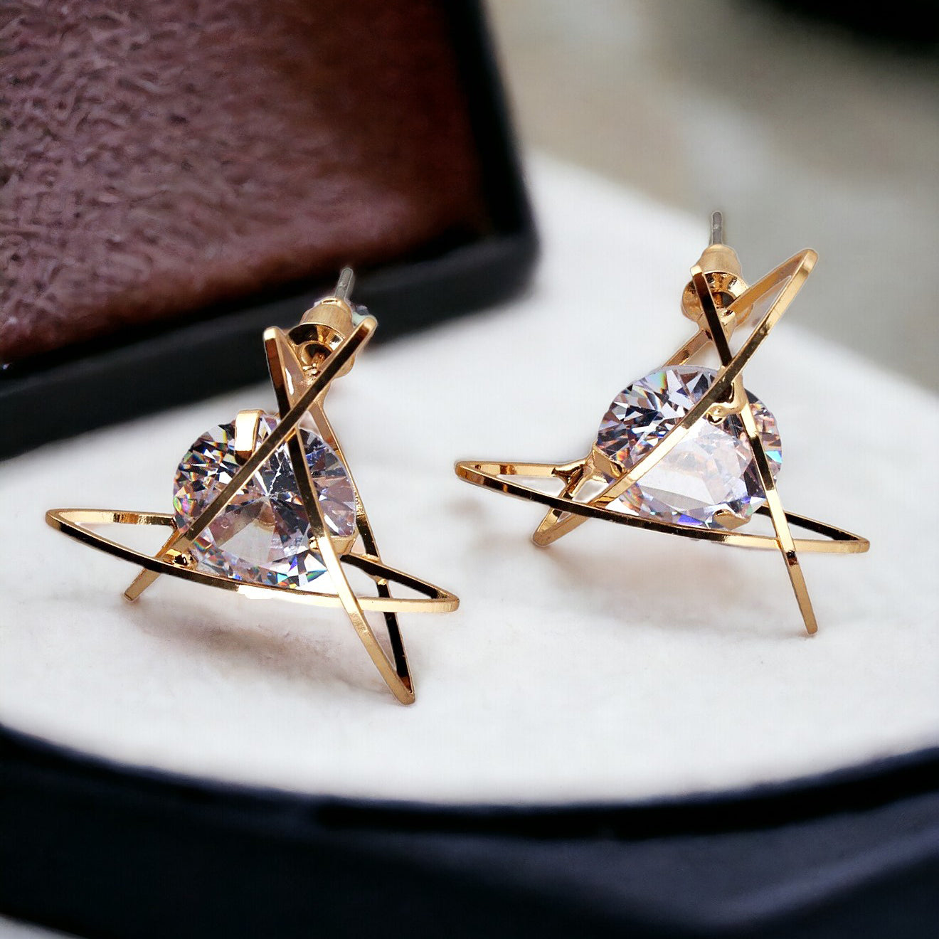 Lucky Jewellery Designer Gold Plated Trendy Sparkling Stone Triangular Shaped Stud Earrings For Girls & Women (195-CHES-1004-C)