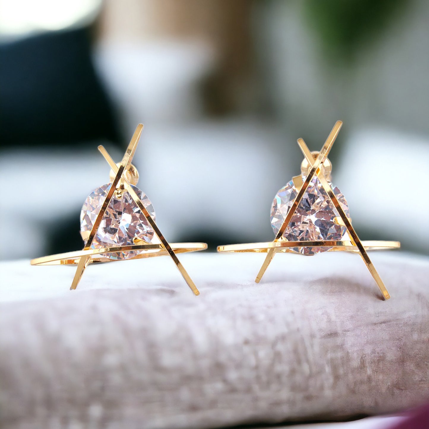 Lucky Jewellery Designer Gold Plated Trendy Sparkling Stone Triangular Shaped Stud Earrings For Girls & Women (195-CHES-1004-C)