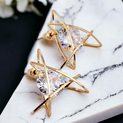 Lucky Jewellery Designer Gold Plated Trendy Sparkling Stone Triangular Shaped Stud Earrings For Girls & Women (195-CHES-1004-C)