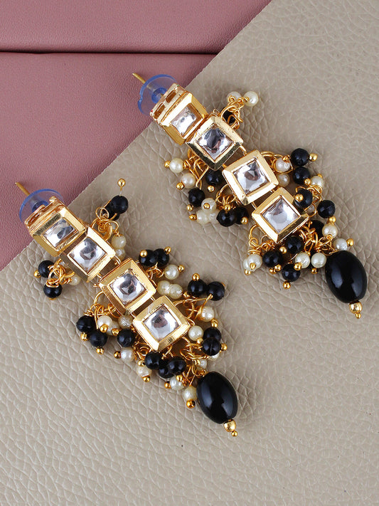 Traditional Back Meenkari Gold Plated uncut kundan Black Earrings