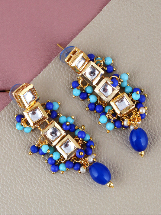 Traditional Back Meenkari Gold Plated uncut kundan Firoji Blue Earrings