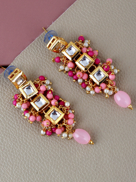 Traditional Back Meenkari Gold Plated uncut kundan Magenta Pink Earrings