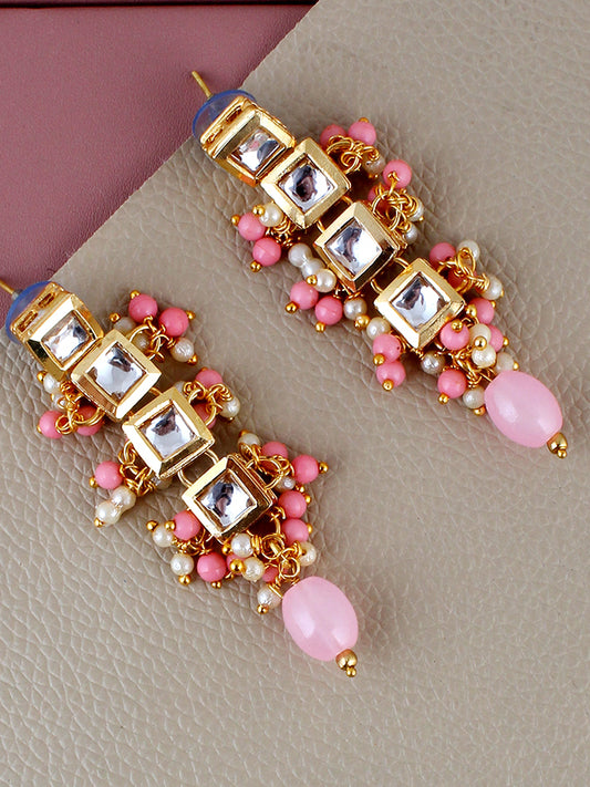 Traditional Back Meenkari Gold Plated uncut kundan Pink Earrings