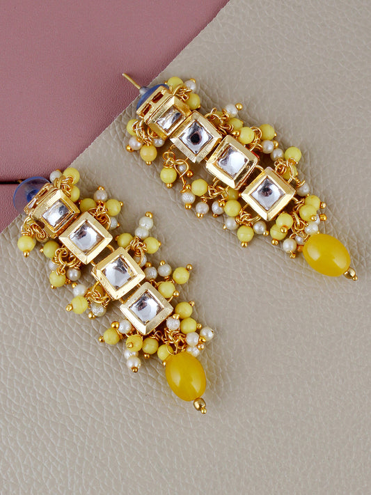 Traditional Back Meenkari Gold Plated uncut kundan Yellow Earrings