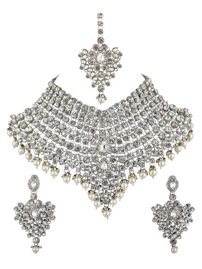 Platinum Plated Silver Polish Stone Mini Bridal Choker Set for Women & Girls