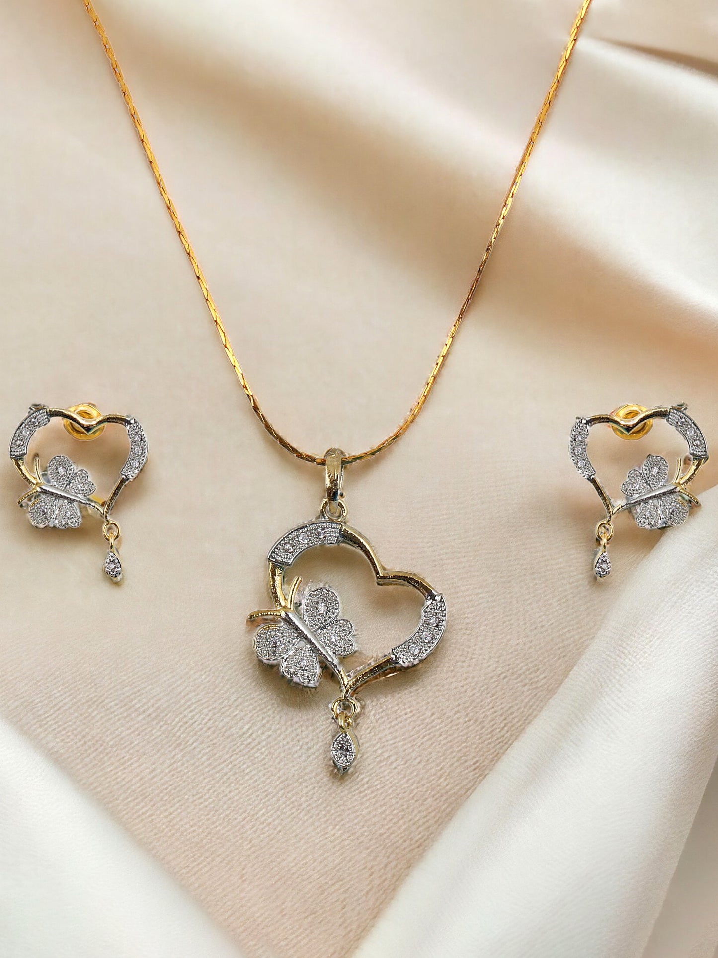 Heart and Butterfly Shape Pendant with Earring and Chain