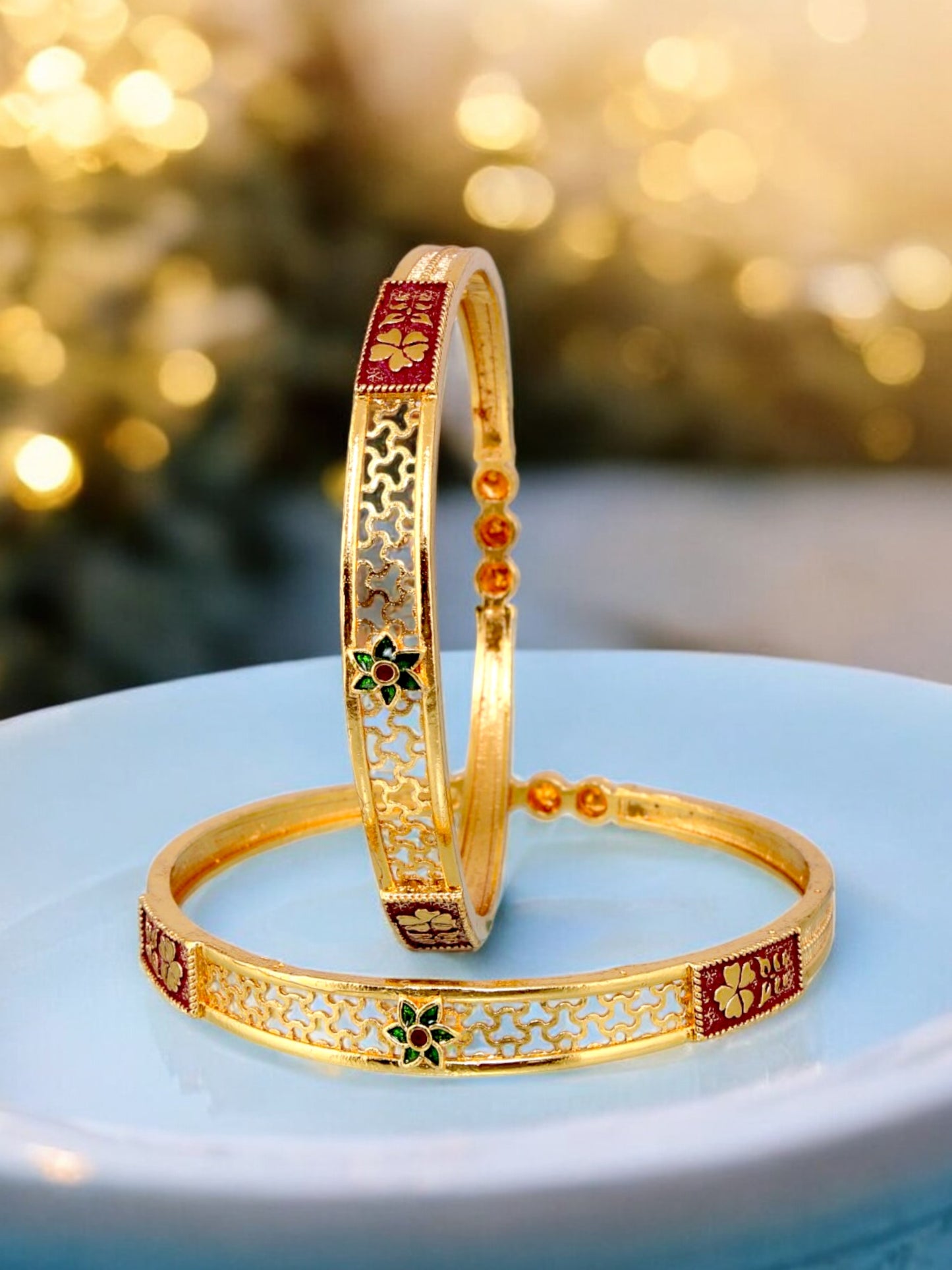 18k One Gram Gold Plated Traditional Designer Pack of 2 Bangle Set For Women