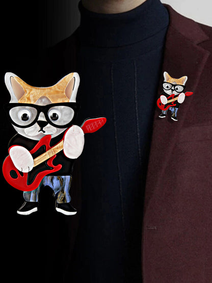 Trendy Guitar Cat With Glasses Brooch/Lapel Pin For Unisex