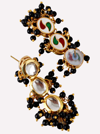 Traditional Back Meenkari Gold Plated uncut kundan Black Earrings