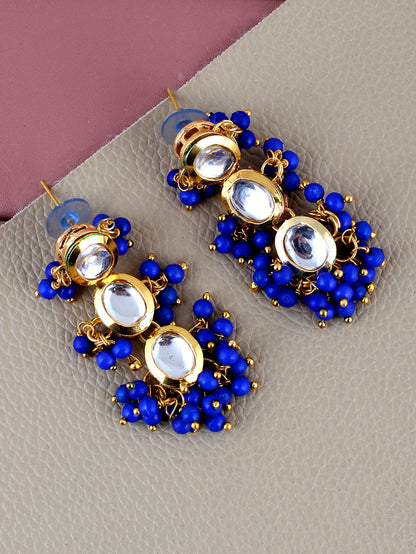 Traditional Back Meenkari Gold Plated uncut kundan Blue Earrings