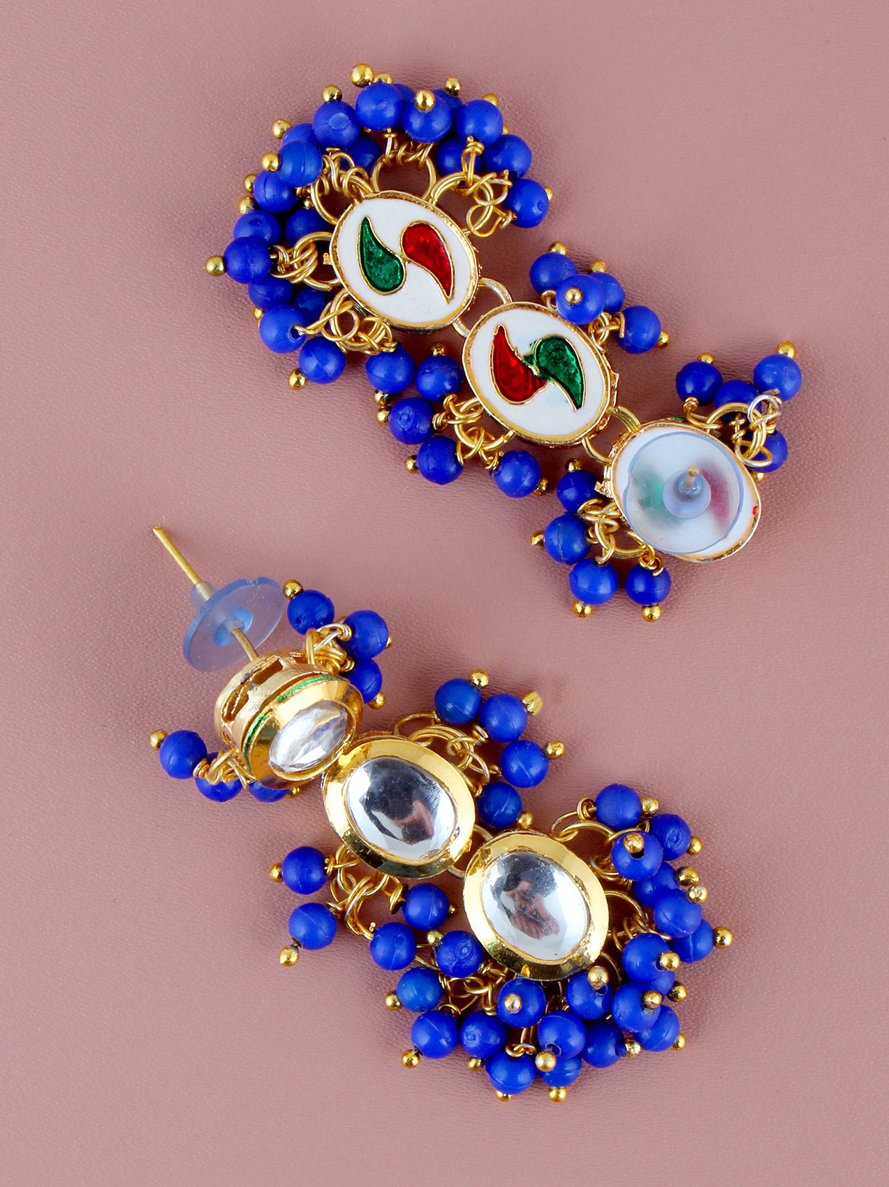 Traditional Back Meenkari Gold Plated uncut kundan Blue Earrings