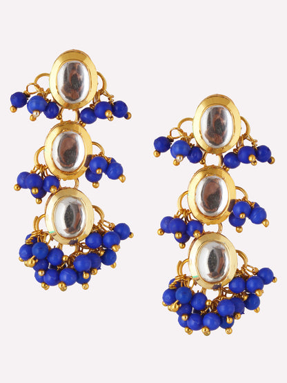 Traditional Back Meenkari Gold Plated uncut kundan Blue Earrings