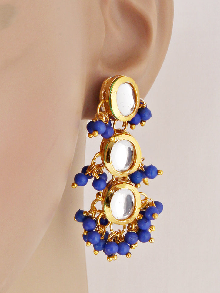 Traditional Back Meenkari Gold Plated uncut kundan Blue Earrings