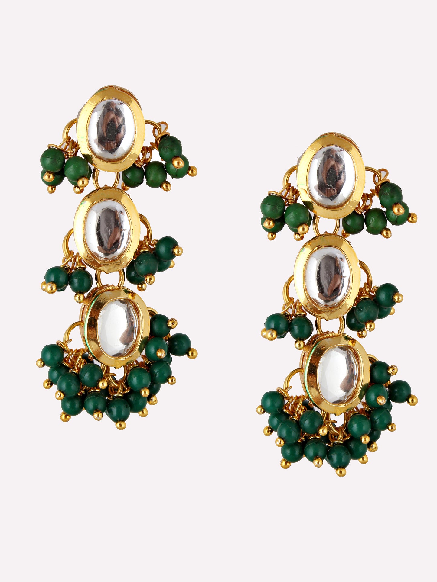 Traditional Back Meenkari Gold Plated uncut kundan Green Earrings