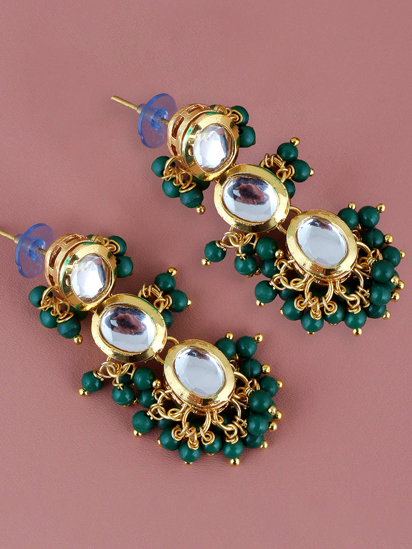 Traditional Back Meenkari Gold Plated uncut kundan Green Earrings