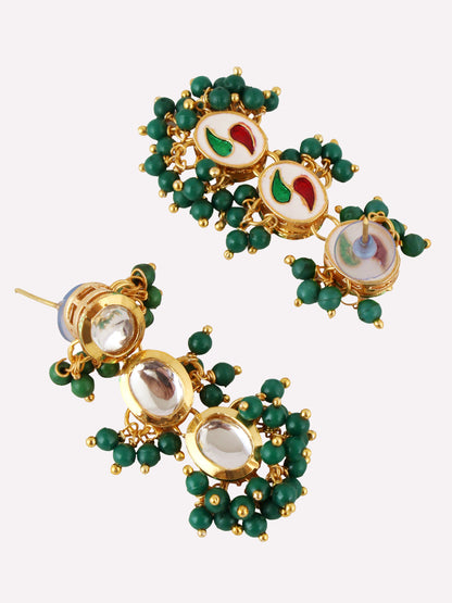 Traditional Back Meenkari Gold Plated uncut kundan Green Earrings