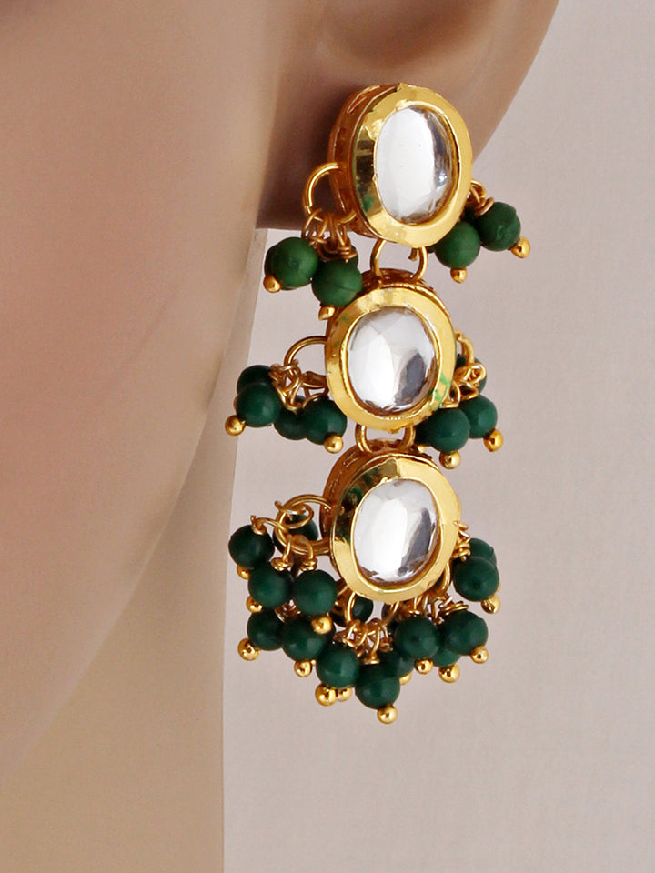 Traditional Back Meenkari Gold Plated uncut kundan Green Earrings