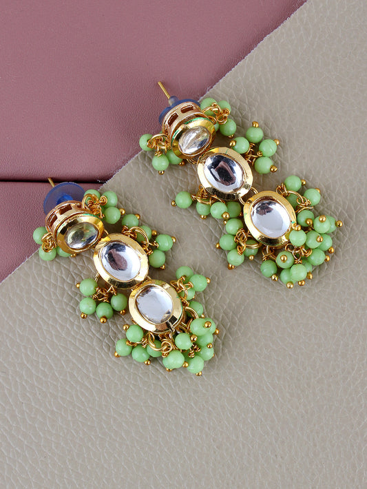 Traditional Back Meenkari Gold Plated uncut kundan Light Green Earrings