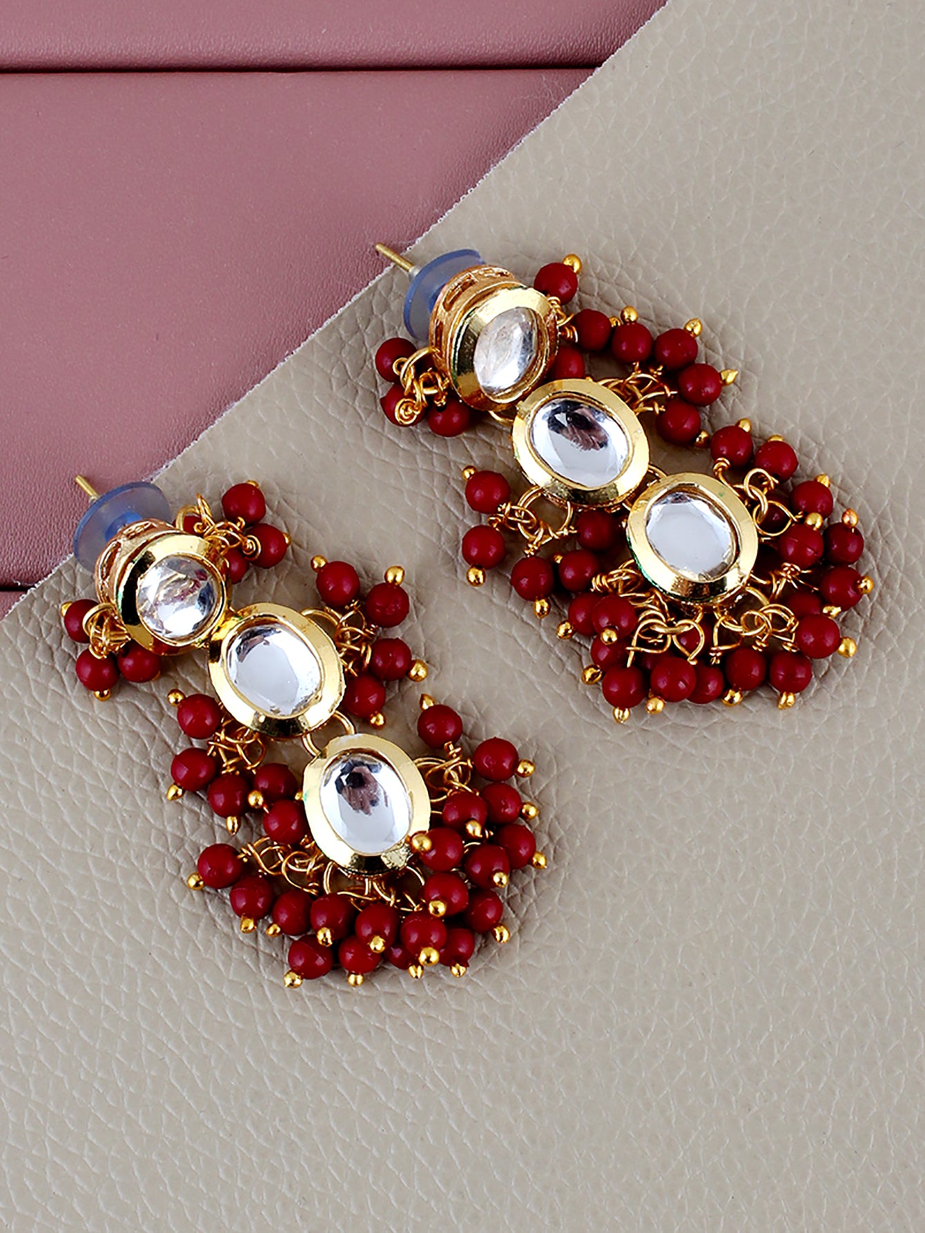 Traditional Back Meenkari Gold Plated uncut kundan Maroon Earrings