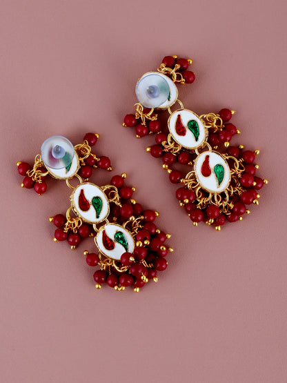 Traditional Back Meenkari Gold Plated uncut kundan Maroon Earrings