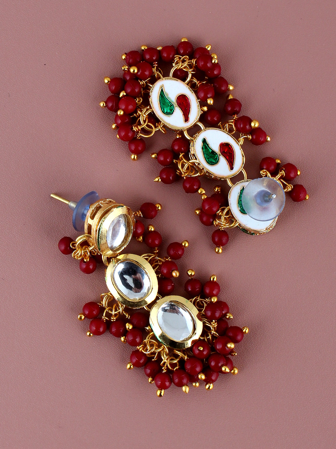 Traditional Back Meenkari Gold Plated uncut kundan Maroon Earrings