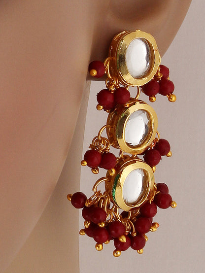 Traditional Back Meenkari Gold Plated uncut kundan Maroon Earrings