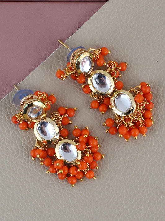 Traditional Back Meenkari Gold Plated uncut kundan Orange Earrings