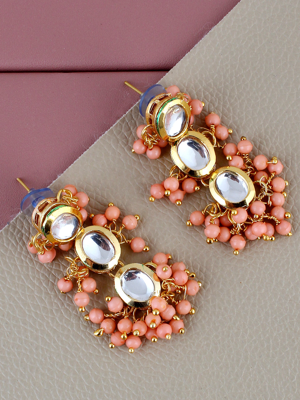 Traditional Back Meenkari Gold Plated uncut kundan Peach Earrings