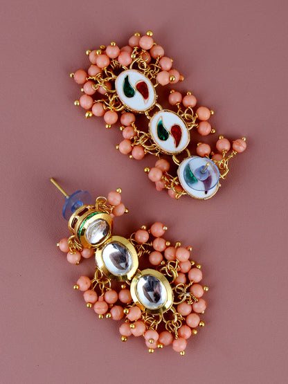 Traditional Back Meenkari Gold Plated uncut kundan Peach Earrings