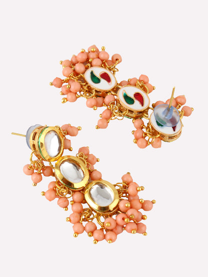 Traditional Back Meenkari Gold Plated uncut kundan Peach Earrings