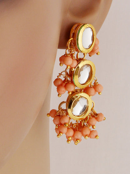 Traditional Back Meenkari Gold Plated uncut kundan Peach Earrings